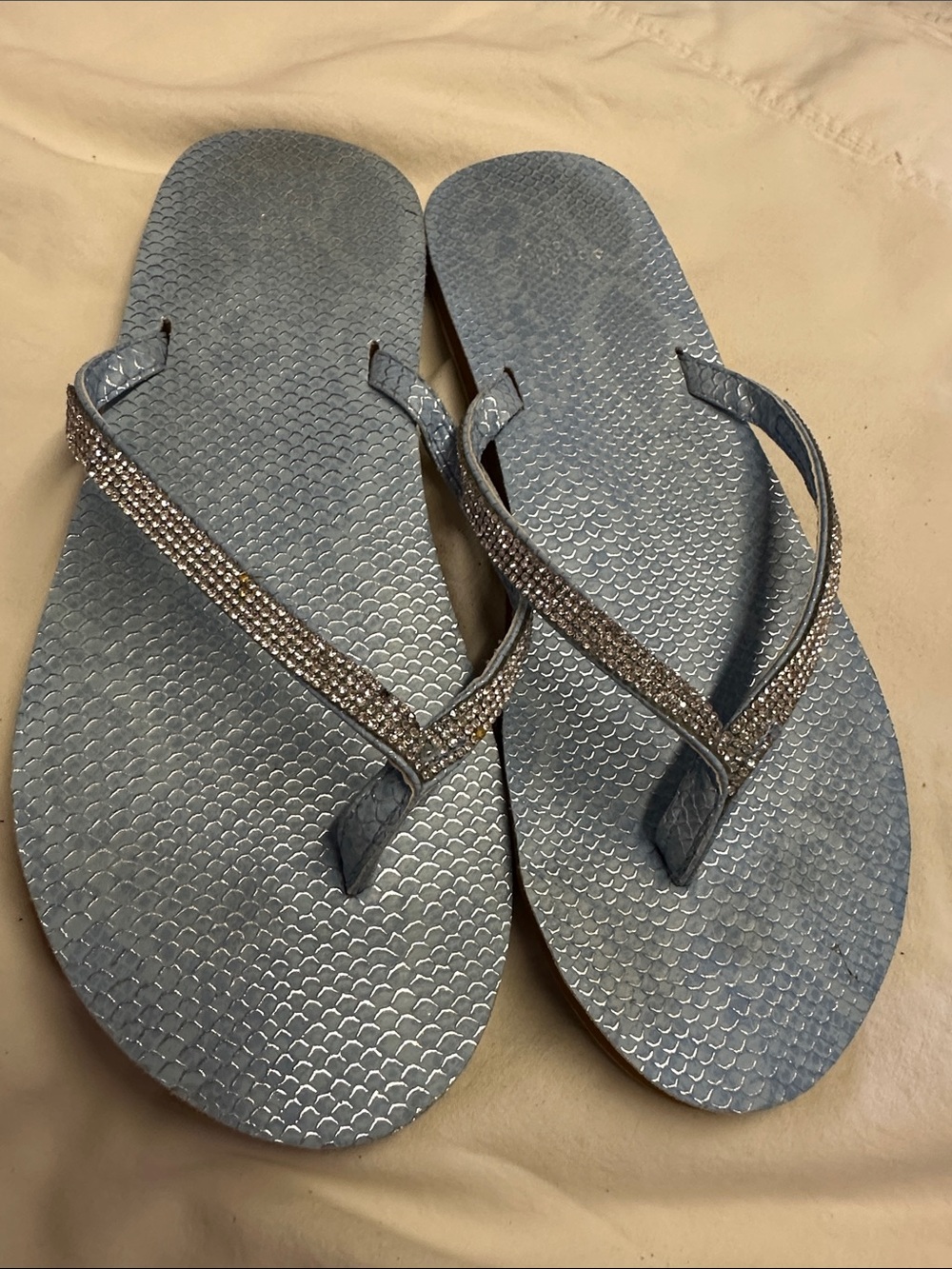Women's Rhinestone Strap Flip Sandals - Light Blue